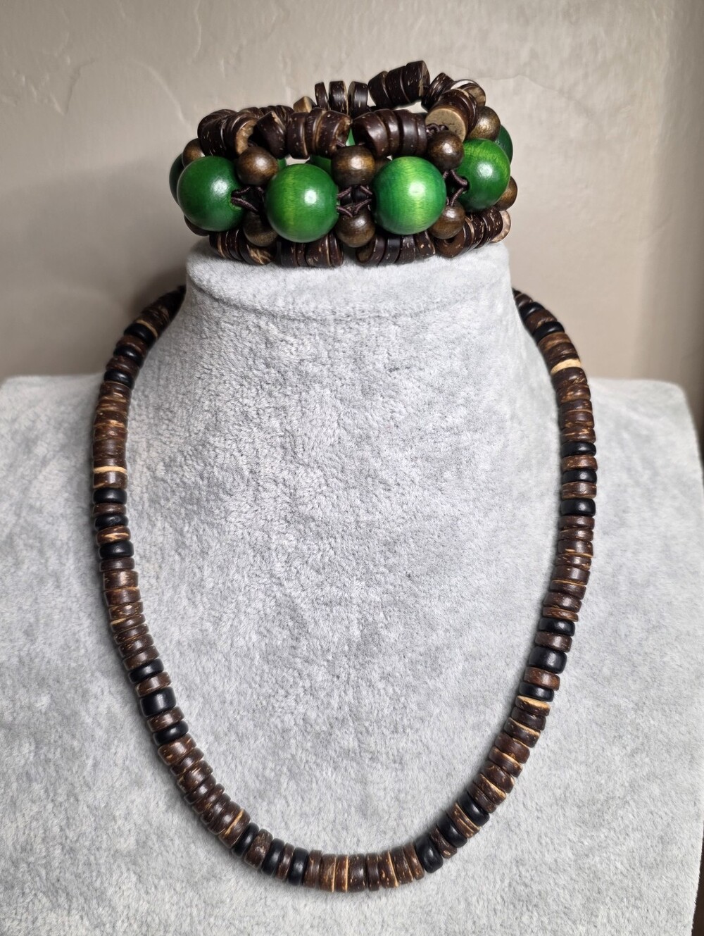 Brown Coconut Shell Necklace and Coconut Shell and Wood Stretch Bracelet
